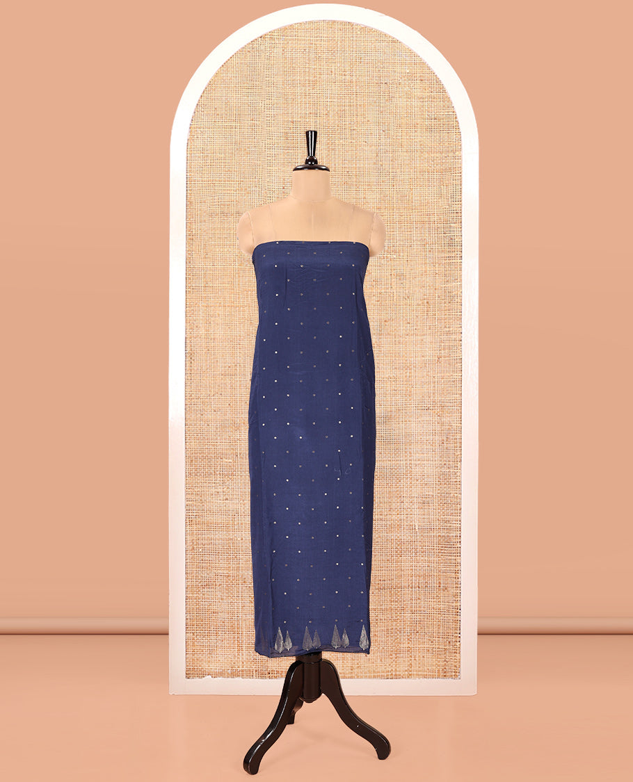 Blue Semi-Silk Material Chudidar Set, Subtly Sparkled with Buttas on Its Top, a Plain Bottom, and Paired with a Semi-Silk Zari Buttas and Pine-Tree Dupatta