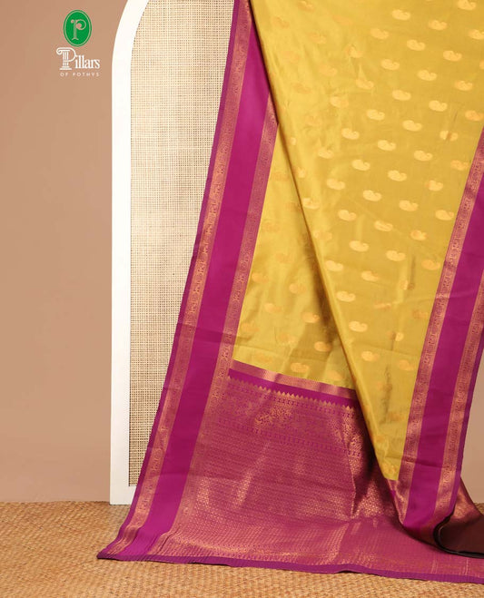 Gold with purple mango butta zari design litchi soft silk saree with contrast bentex traditional border & rich weaving pallu along with brocade blouse