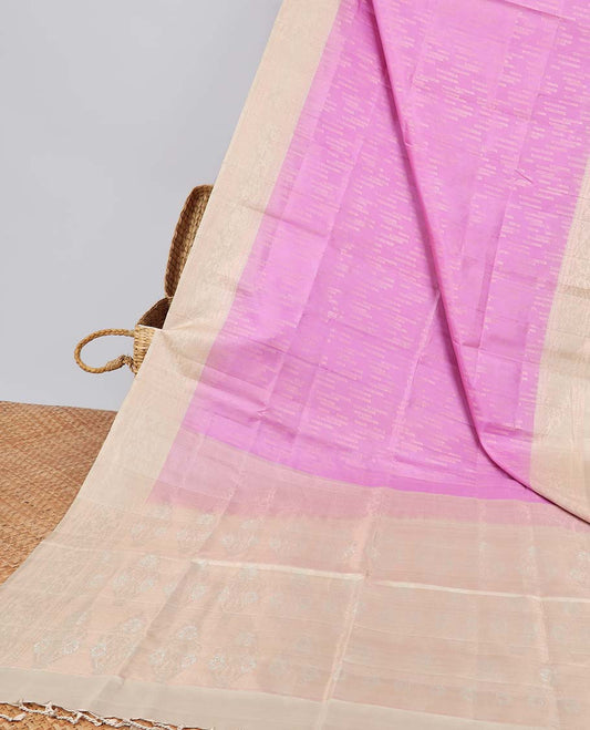 Pink buttas soft silk saree with contrast border & intricate zari design pallu