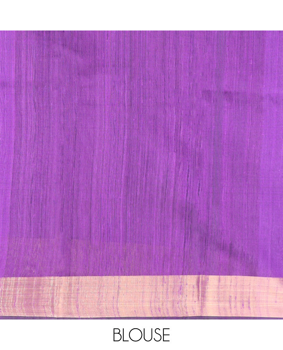 Purple Dupion Silk Saree Beautified with Muniya Buttas All Over Its Body, Subtly Self-Zari Border of Muniya Designs, Colorfully Woven Pallu of Floral Motifs, and Paired with a Matching Blouse