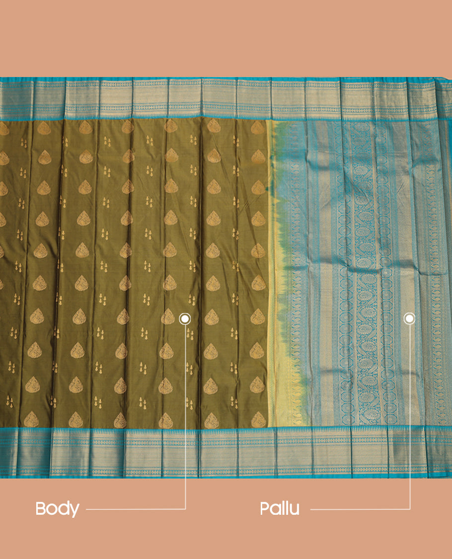 Green Budget Silk Saree, Bedecked with Zari Buttas, a Contrast Traditional Zari Border, Intricate Pallu, and a Contrast Blouse