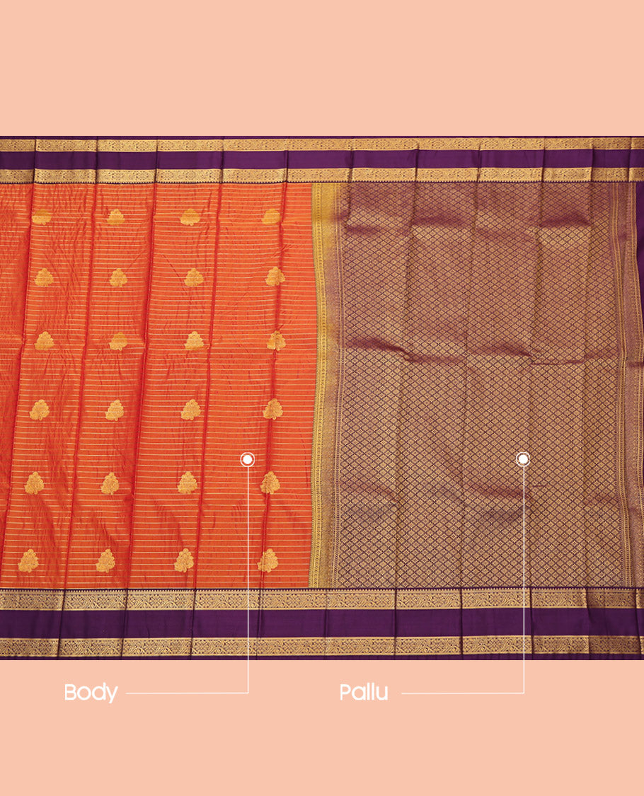 Orange Budget Silk Saree, Bedecked with Zari Buttas and Stripes, Complemented by Contrast Floral Creeper Rettai Pettu Border, Jaal Pallu and a Contrast Blouse
