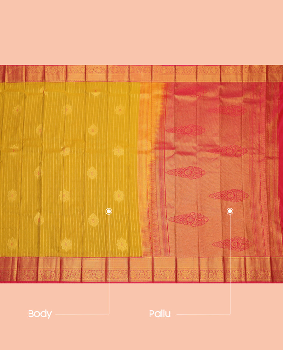 Green Budget Silk Saree, Adorned with Zari Buttas and Zari Stripes, a Contrast Traditional Zari Border, Grand Pallu, and a Contrast Blouse