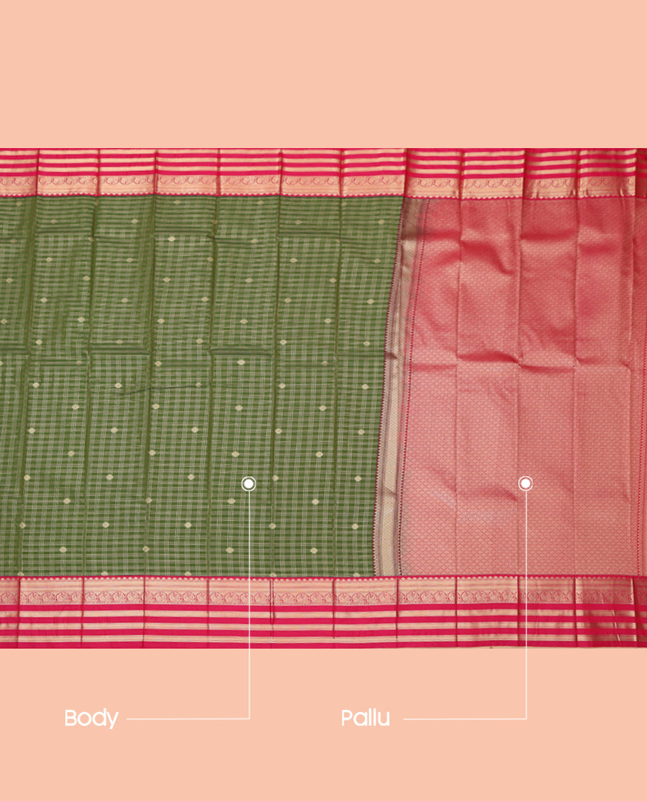 Green Budget Silk Saree, Woven with Zari Buttas and Checks, a Contrast Traditional Zari Border, Jaal Pallu, and a Contrast Blouse