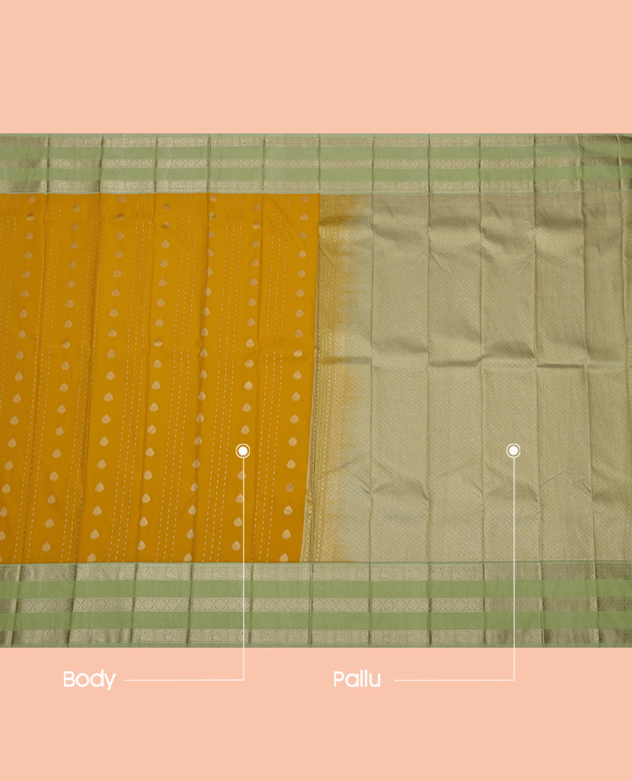Yellow Budget Silk Saree, Impeccably Styled with Zari Buttas on Its Body, Complemented by a Contrast Traditional Zari Design Varisai Pettu Border, Jaal Pallu, and Paired with a Contrast Blouse