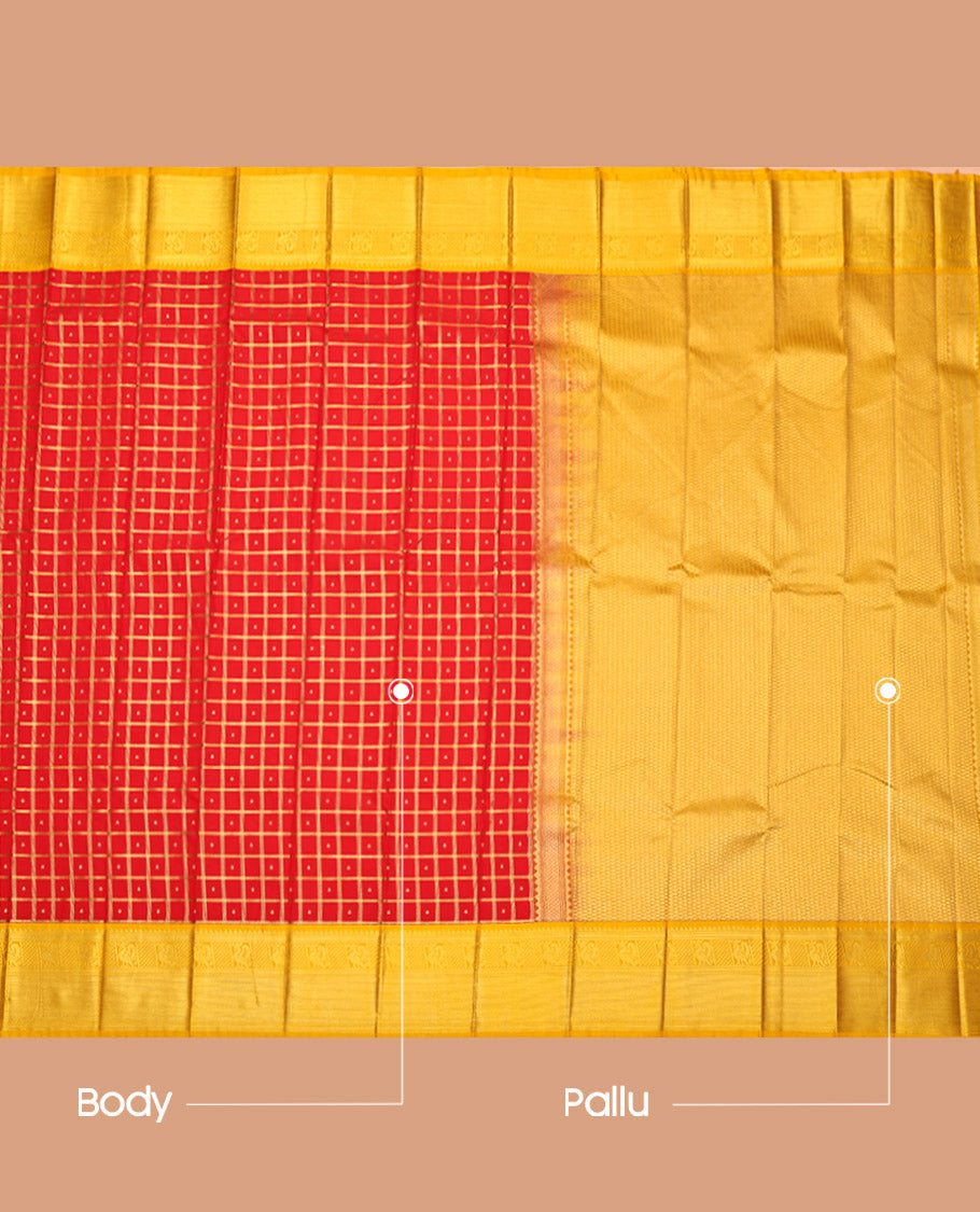 Red Budget Silk Saree, Decked Up with Zari Butta Enclosed Checks on Its Body, Complemented by a Contrast Traditional Zari Design Border, Sparsely Woven Pallu, and Paired with a Contrast Blouse