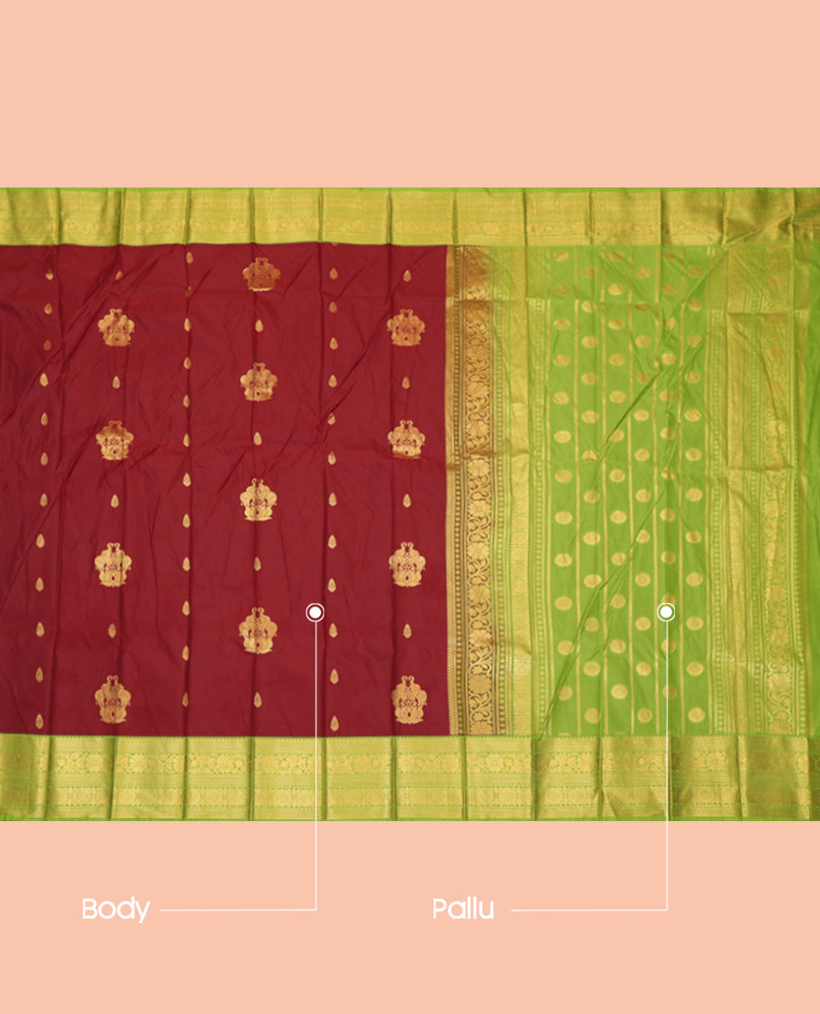 Maroon Budget Silk Saree, Bedecked with Zari Buttas, Complemented by Contrast Traditional Zari Border, a Grand Pallu and a Contrast Blouse