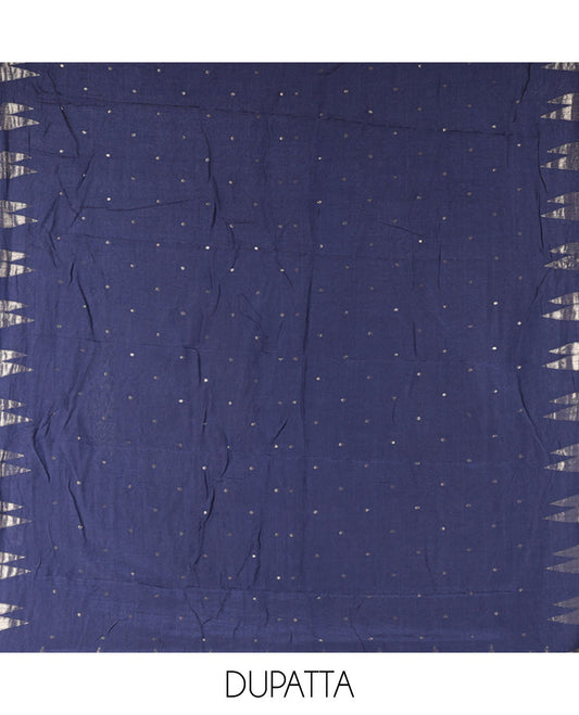 Blue Semi-Silk Material Chudidar Set, Subtly Sparkled with Buttas on Its Top, a Plain Bottom, and Paired with a Semi-Silk Zari Buttas and Pine-Tree Dupatta