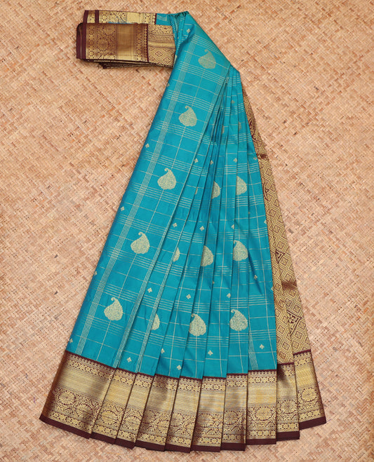 Blue Budget Silk Saree, Graced with Zari Buttas and Checks, Complemented by a Contrast Traditional Zari Border, Grand Pallu, and Contrast Blouse