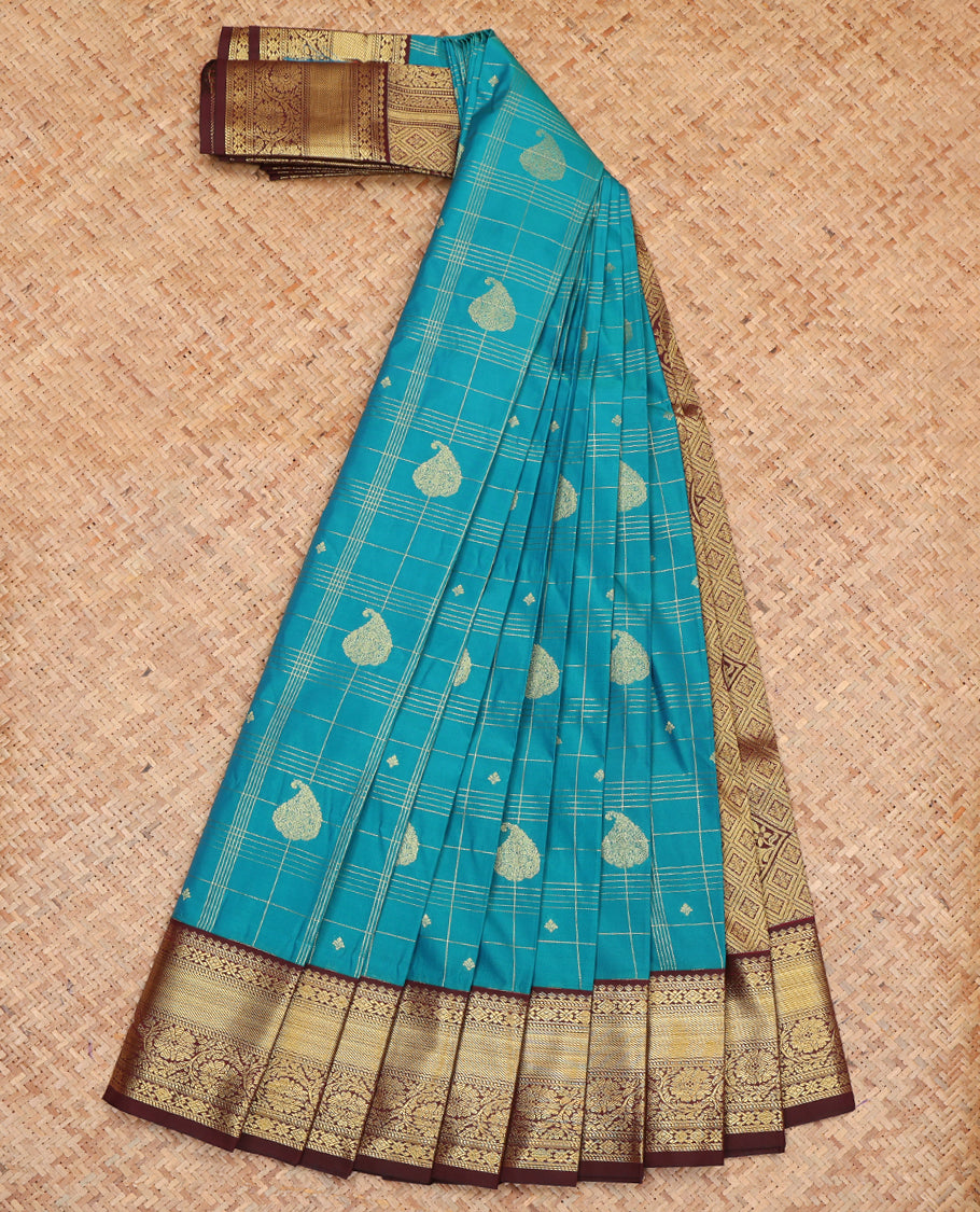 Blue Budget Silk Saree, Graced with Zari Buttas and Checks, Complemented by a Contrast Traditional Zari Border, Grand Pallu, and Contrast Blouse