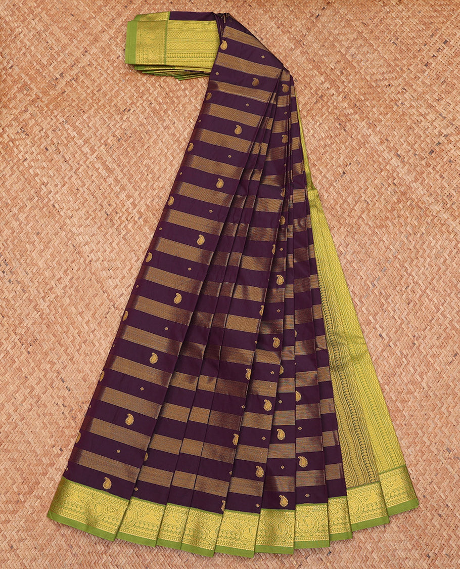 Maroon Budget Silk Saree, Elevated with Zari Buttas and Stripes, Complemented by a Contrast Traditional Zari Border, Geometric Pallu, and Contrast Blouse