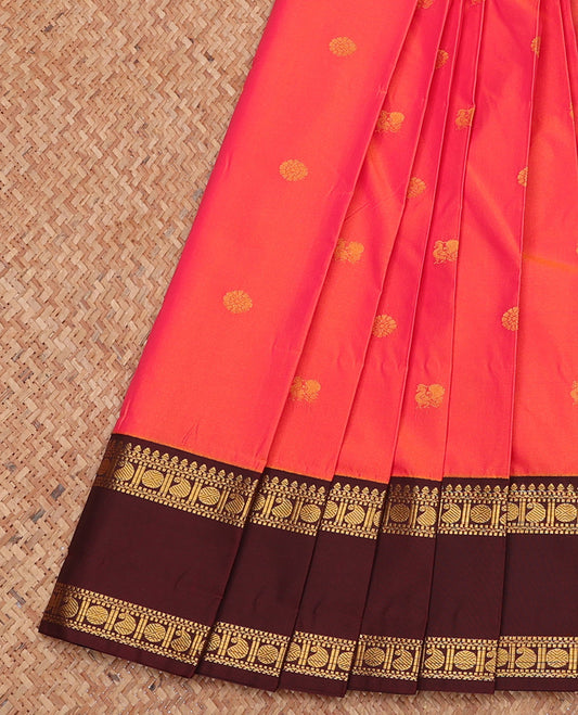 Orange Budget Silk Saree, Detailed with Zari Buttas, Complemented by a Contrast Traditional Zari Rettai Pettu Border, Grand Pallu, and Contrast Blouse