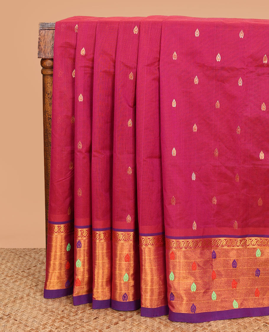 Red zari buttas Venkatagiri cotton saree, contrast traditional zari and thread border, and gleaming zari pallu
