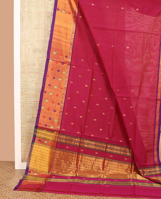 Red zari buttas Venkatagiri cotton saree, contrast traditional zari and thread border, and gleaming zari pallu