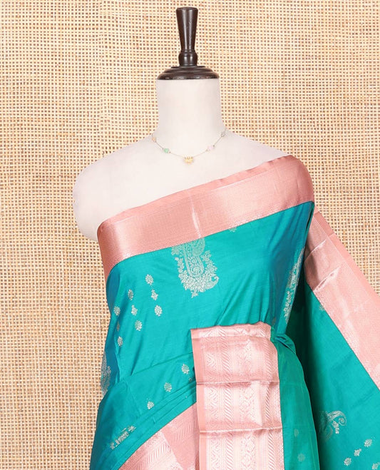 Green Budget Silk Saree, Showcasing Zari Buttas on Its Body, Complemented by a Contrast Traditional Zari Design Border, Diagonally Striped Pallu, and Paired with a Contrast Blouse