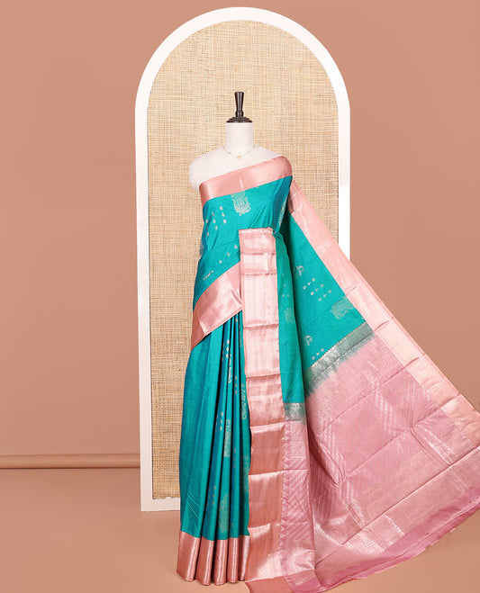 Green Budget Silk Saree, Showcasing Zari Buttas on Its Body, Complemented by a Contrast Traditional Zari Design Border, Diagonally Striped Pallu, and Paired with a Contrast Blouse