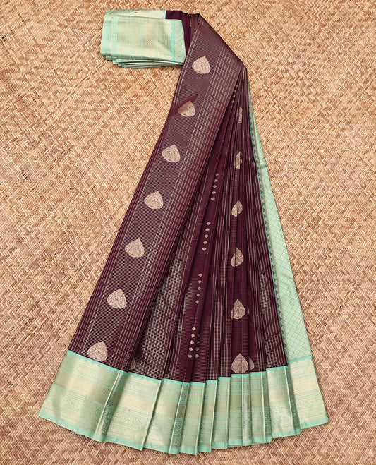 Brown Budget Silk Saree, Detailed with Zari Butta Enclosed Checks, a Contrast Traditional Zari Design Border, Grand Pallu, and a Contrast Blouse