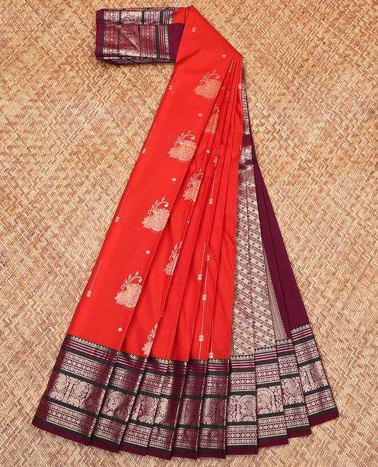 Red Budget Silk Saree, Prettified with Zari Buttas on Its Body, Complemented by a Contrast Traditional Zari Designs Woven Border, Grand Pallu of Buttas and Stripes, and Paired with a Contrast Blouse