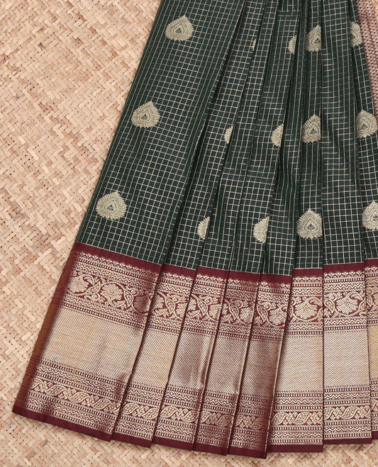 Dark Green Budget Silk Saree, Spotlighted with Zari Butta Enclosed Checks on Its Body, Complemented by a Contrast Traditional Zari Design Border, Grand Pallu, and Paired with a Contrast Blouse