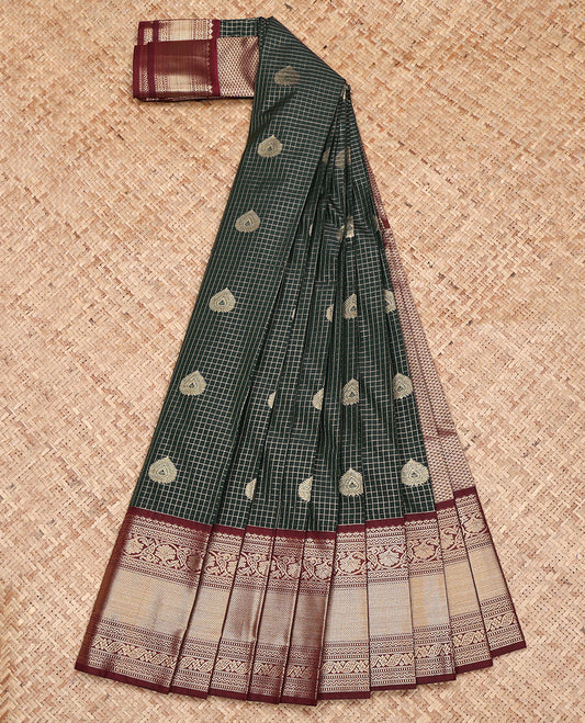 Dark Green Budget Silk Saree, Spotlighted with Zari Butta Enclosed Checks on Its Body, Complemented by a Contrast Traditional Zari Design Border, Grand Pallu, and Paired with a Contrast Blouse