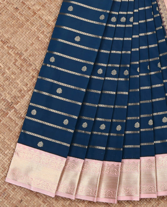 Blue Budget Silk Saree, Embellished with Zari Buttas and Stripes on Its Body, Complemented by a Contrast Traditional Zari Design Rettai Pettu Border, Subtly Sparkled Pallu, and Paired with a Contrast Blouse