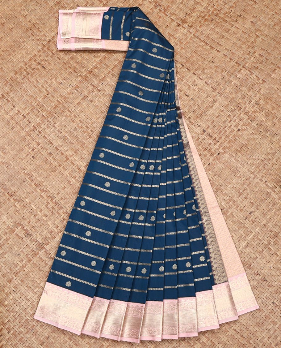 Blue Budget Silk Saree, Embellished with Zari Buttas and Stripes on Its Body, Complemented by a Contrast Traditional Zari Design Rettai Pettu Border, Subtly Sparkled Pallu, and Paired with a Contrast Blouse