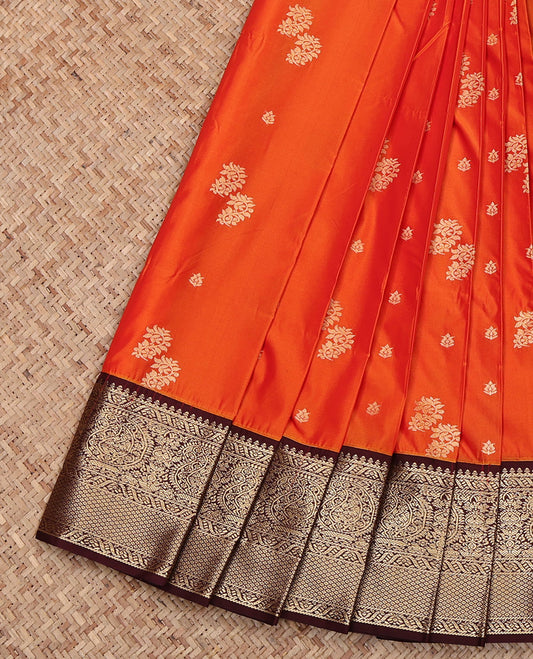 Orange Budget Silk Saree, Embellished with Zari Buttas, Complemented by Contrast Traditional Zari Border, Jaal Pallu and a Contrast Blouse