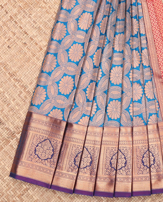 Blue Budget Silk Saree, Accentuated with Jacquard Design, Complemented by a Contrast Floral Creeper Zari Border, Jaal Pallu, and Contrast Blouse