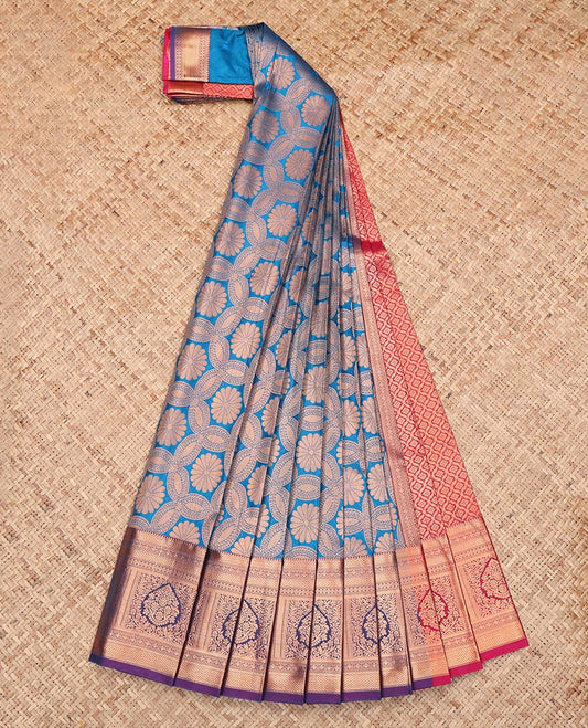 Blue Budget Silk Saree, Accentuated with Jacquard Design, Complemented by a Contrast Floral Creeper Zari Border, Jaal Pallu, and Contrast Blouse