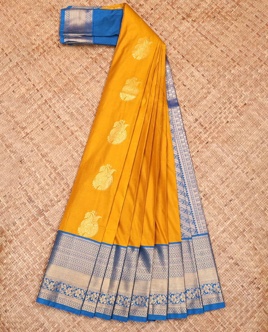 Yellow Budget Silk Saree, Sparsely Sparkled with Zari Buttas, Complemented by a Contrast Traditional Border, Grand Pallu, and a Contrast Blouse