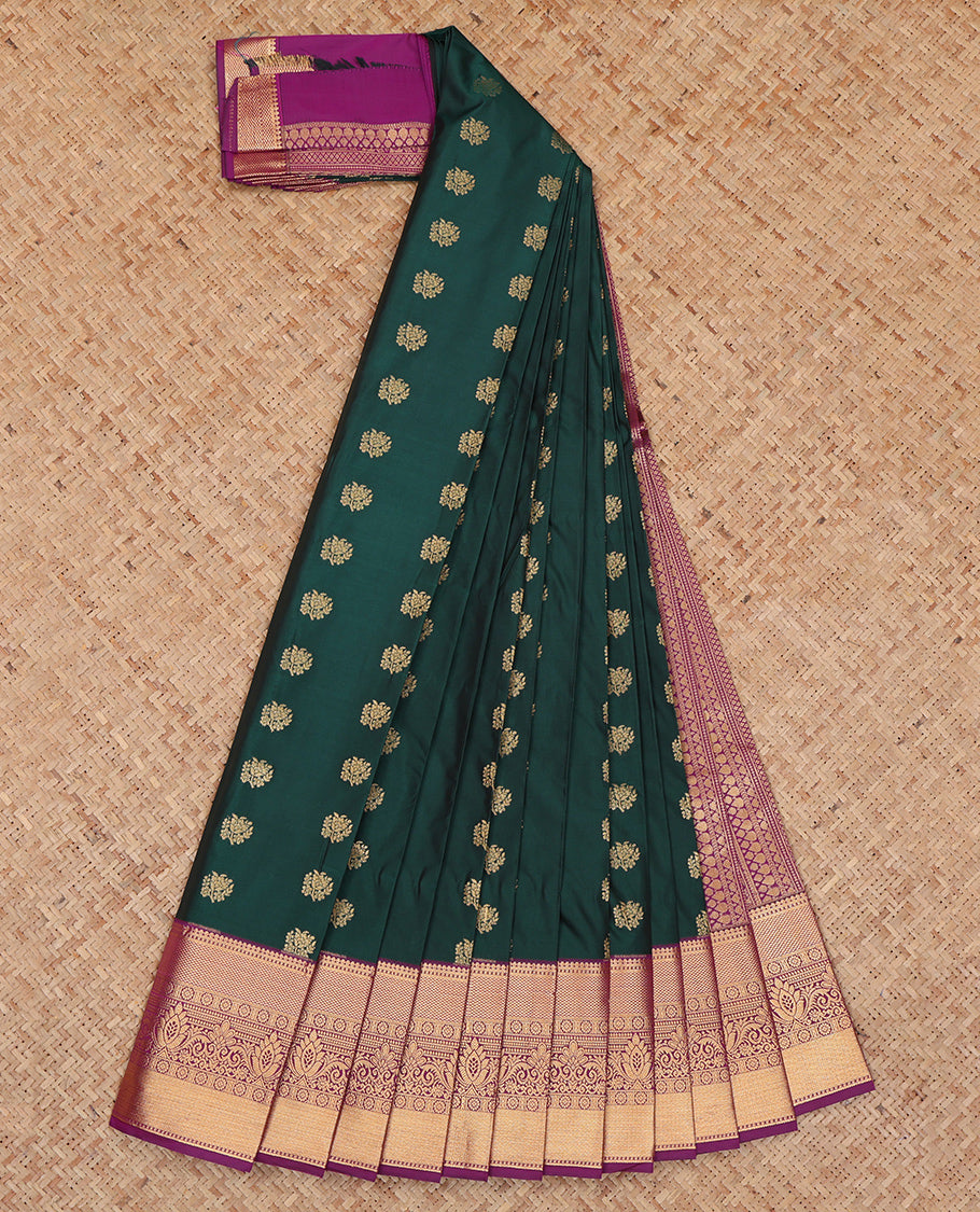 Green Budget Silk Saree, Enriched with Zari Buttas, Complemented by a Contrast Traditional Zari Border, Grand Pallu, and a Contrast Blouse