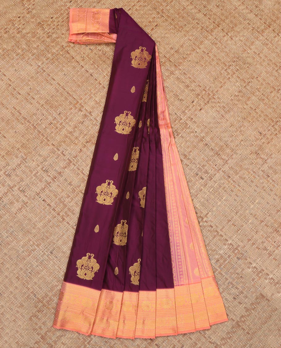 Wine Budget Silk Saree, Crafted with Zari Buttas, a Contrast Traditional Zari Border, an Intricate Pallu and a Contrast Blouse