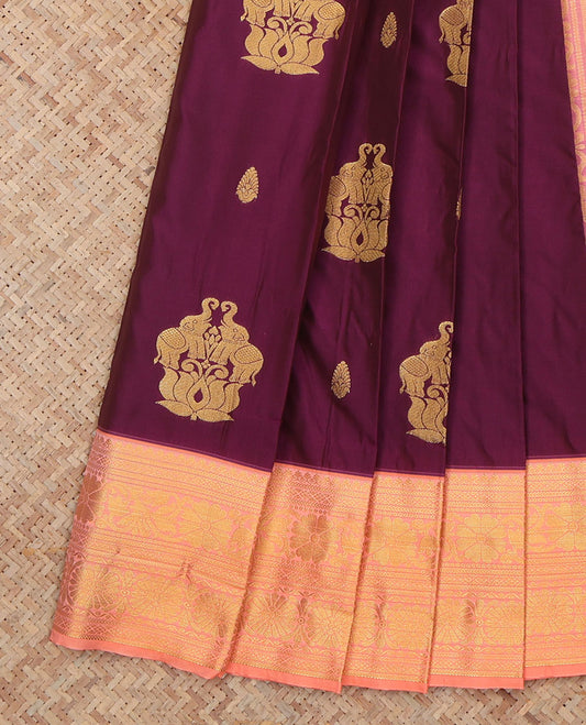 Wine Budget Silk Saree, Crafted with Zari Buttas, a Contrast Traditional Zari Border, an Intricate Pallu and a Contrast Blouse