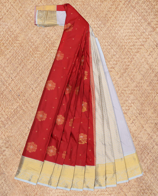 Red Budget Silk Saree, Delicately Woven with Zari Buttas, a Contrast Traditional Zari Border, Grand Pallu, and a Contrast Blouse