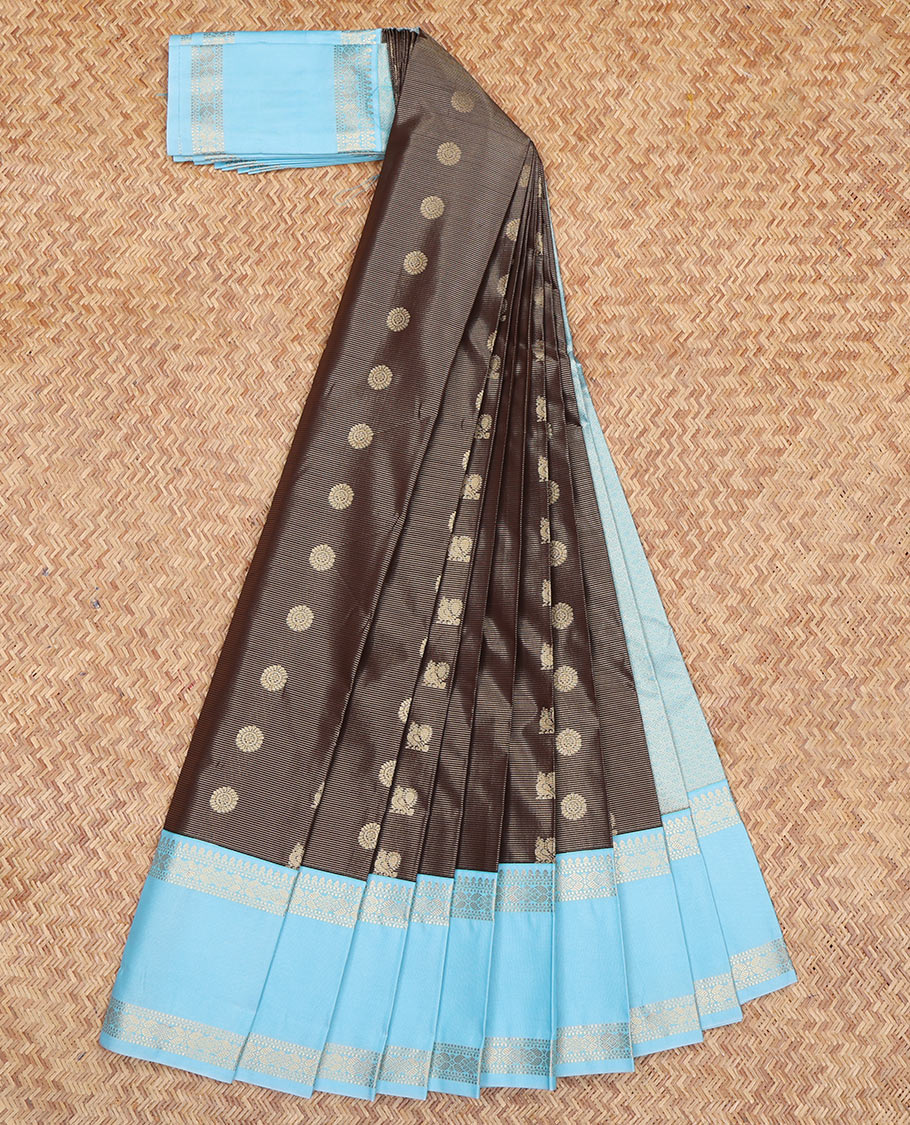 Brown Budget Silk Saree, Crafted with Peacock-Chakram Buttas and Stripes, a Contrast Traditional Zari Rettai Pettu Border, Grand Pallu, and a Contrast Blouse
