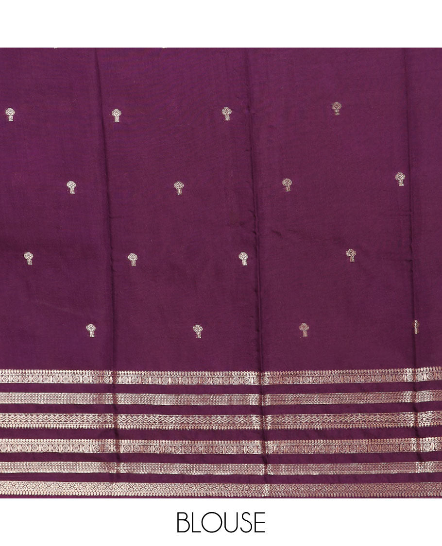 Leaf green buttas assam silk saree, contrast traditional zari border, and pallu of zari design