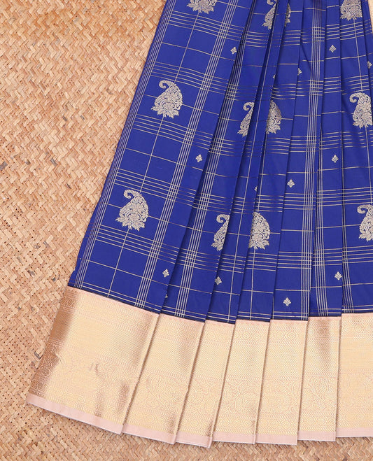 Blue Budget Silk Saree, Elevated with Zari Buttas Enclosed Checked Designs On Its Body, Complemented by Captivating Contrast Border of Traditional Zari Designs, Grand Pallu and Paired with a Contrast Blouse