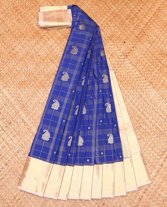 Blue Budget Silk Saree, Elevated with Zari Buttas Enclosed Checked Designs On Its Body, Complemented by Captivating Contrast Border of Traditional Zari Designs, Grand Pallu and Paired with a Contrast Blouse