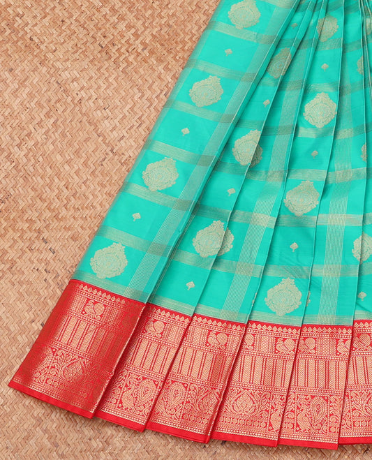 Blue Budget Silk Saree, Elegantly Highlighted with Buttas Enclosed Checks, Complemented by a Contrast Traditional Zari Border, Grand Pallu, and a Contrast Blouse