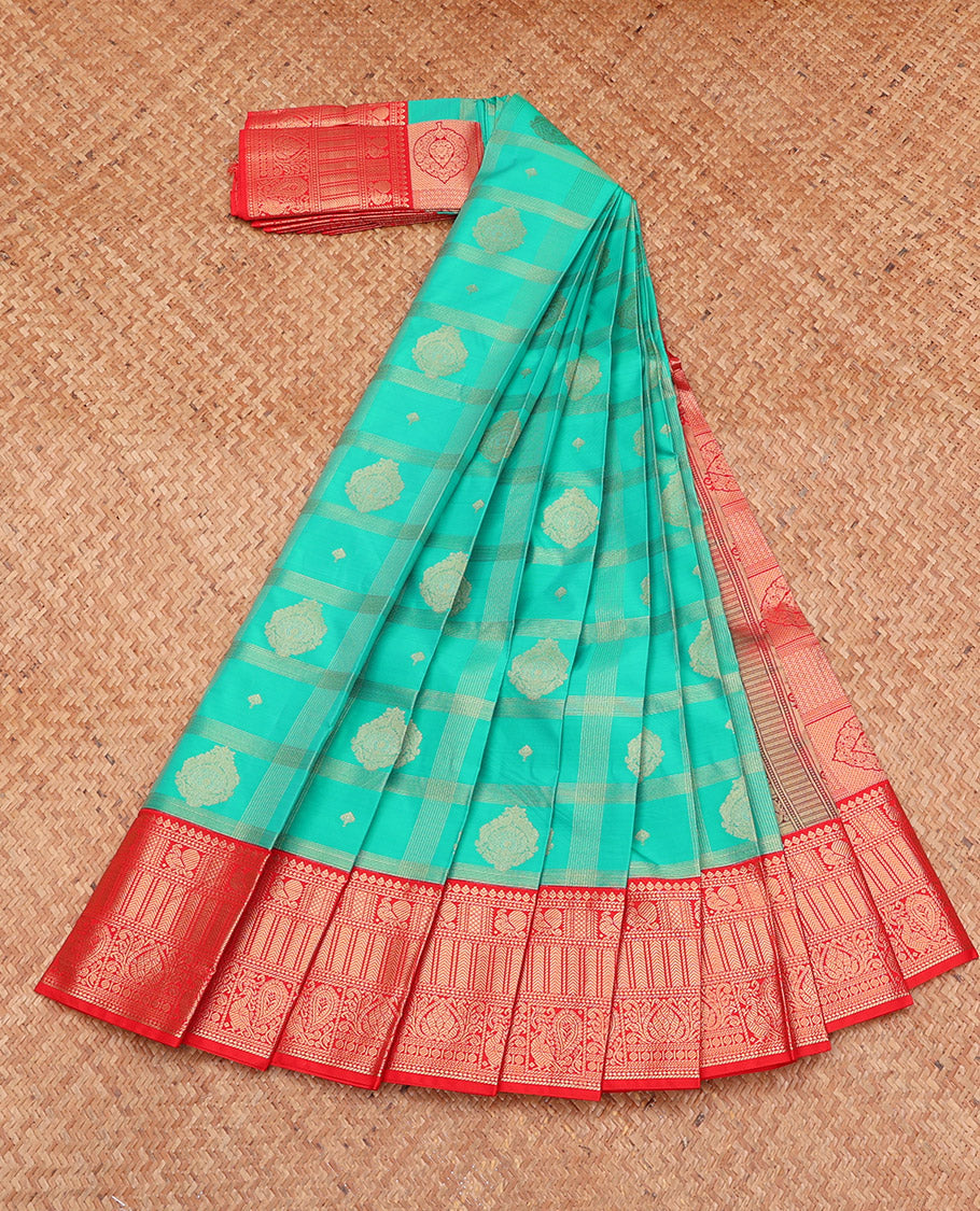 Blue Budget Silk Saree, Elegantly Highlighted with Buttas Enclosed Checks, Complemented by a Contrast Traditional Zari Border, Grand Pallu, and a Contrast Blouse