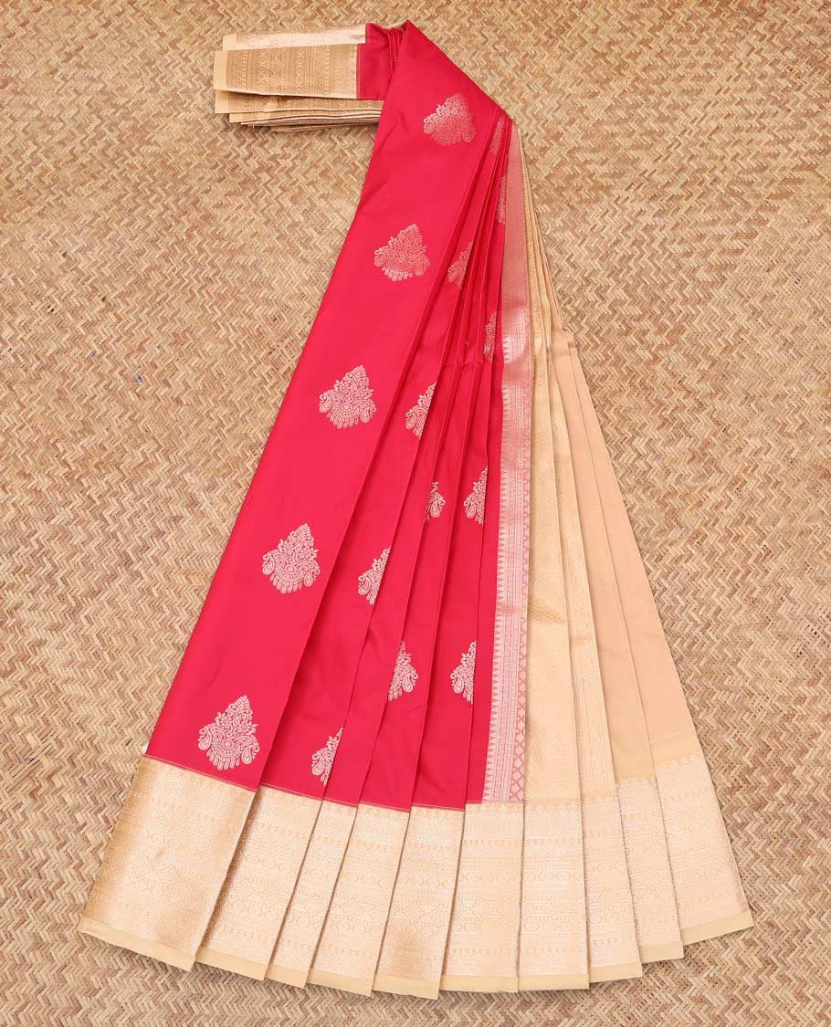 Red Budget Silk Saree, Bedecked with Zari Buttas and Stripes, Complemented by Contrast Traditional Zari Border, a Sparsely Woven Pallu and a Contrast Blouse