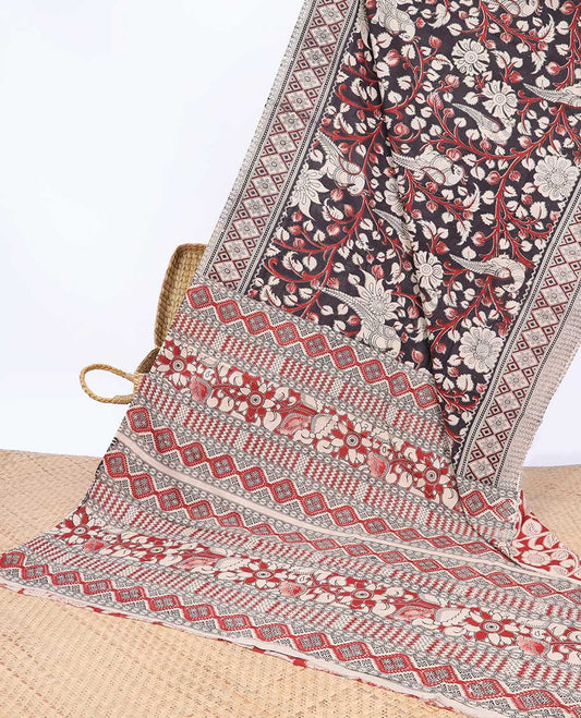 Brown floral & bird machine-print kalamkari cotton saree, contrast diamond border & floral & geometric pallu