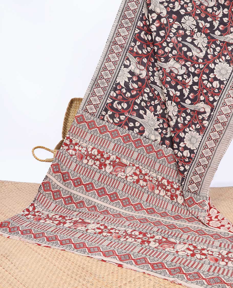 Brown floral & bird machine-print kalamkari cotton saree, contrast diamond border & floral & geometric pallu