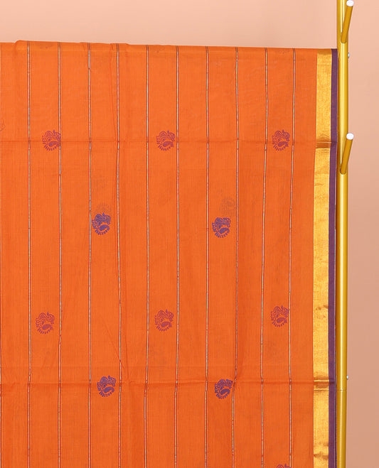 Orange Venkatagiri Cotton Saree Features Peacock Buttas and Stripes, a Contrast Traditional Zari Border, Pallu of Peacock Buttas and Stripes, and No Blouse