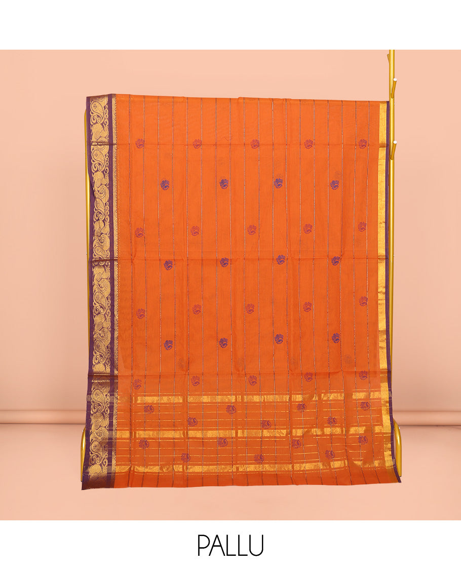 Orange Venkatagiri Cotton Saree Features Peacock Buttas and Stripes, a Contrast Traditional Zari Border, Pallu of Peacock Buttas and Stripes, and No Blouse
