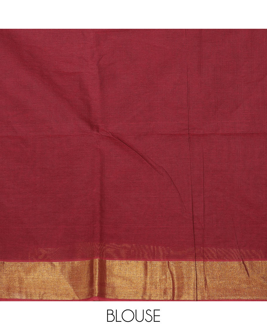 Maroon striped jute cotton saree, zari border & pallu of stripes