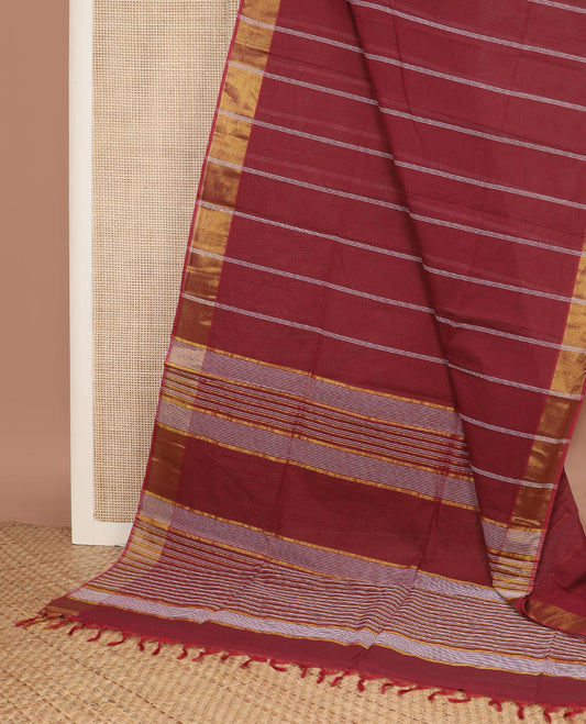 Maroon striped jute cotton saree, zari border & pallu of stripes