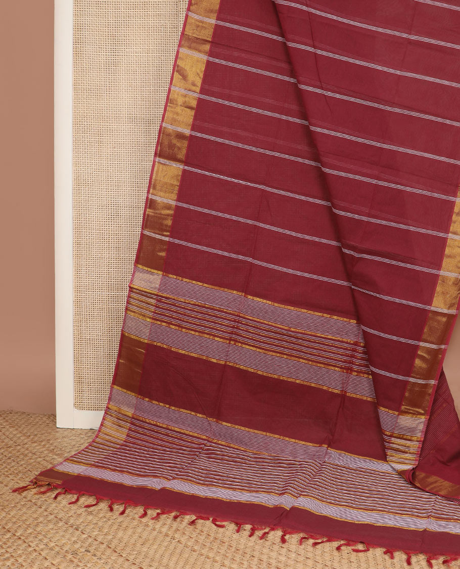 Maroon striped jute cotton saree, zari border & pallu of stripes