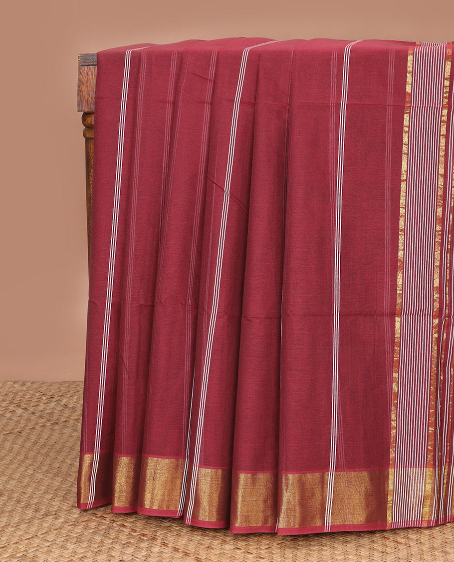 Maroon striped jute cotton saree, zari border & pallu of stripes