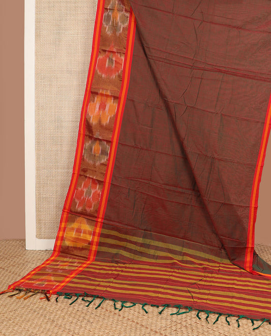 Red dual-tone plain Narayanpet cotton saree, contrast ikkat floral design border & striped pallu